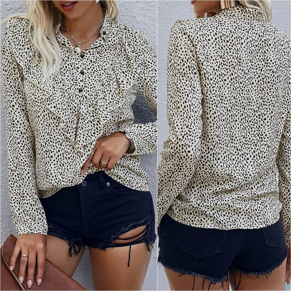 🔥 (5for$35) NWT PRETTY GARDEN Animal Print Ruffled half Button Longsleeve